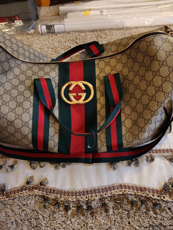 Gucci Handbags - Gucci Beige GG Canvas Tote with Red and Green Web Stripe